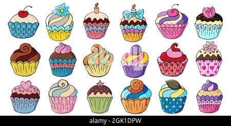 Große Reihe von Ikonen von Cupcakes, Muffins in Hand zeichnen Stil. Sammlung von Vektorgrafiken für Ihr Design. Süßes Gebäck, süße Muffins. Schild, stic Stock Vektor