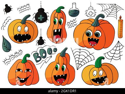 Set von niedlichen Kürbissen in Hand zeichnen Stil. Sammlung von Vektor-Illustrationen für Halloween-Design. Halloween-Elemente, Cartoon-Stil. Schild, Aufkleber, pi Stock Vektor