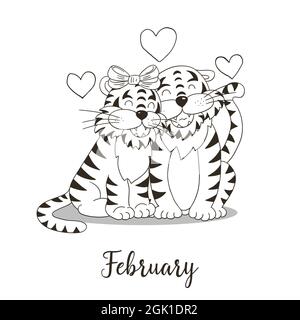 Jahr 2022 Symbol für Kalenderdekoration. Februar 2022. Neujahr des Tigers nach dem chinesischen Kalender. Färbung Abbildung in Hand zeichnen s Stock Vektor