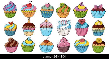 Große Reihe von Ikonen von Cupcakes, Muffins in Hand zeichnen Stil. Sammlung von Vektorgrafiken für Ihr Design. Süßes Gebäck, süße Muffins. Schild, stic Stock Vektor