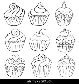 Set von Symbolen von Cupcakes, Muffins in Hand zeichnen Stil. Sammlung von Vektorgrafiken für Ihr Design. Süßes Gebäck, süße Muffins. drawin skizzieren Stock Vektor