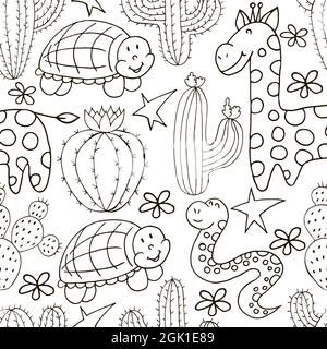 Nahtlose botanische Illustration. Tropisches Muster verschiedener Kakteen, exotischer Tiere. Schildkröte, Schlange, Giraffe, monochrome Blumen Stock Vektor