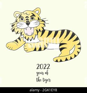 Symbol von 2022. Illustration mit Tiger im Handzeichnen-Stil. Neujahr 2022 Tiger lügen. Helles Tier für Karten, Kalender, Poster, Flyer Stock Vektor
