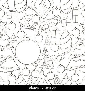 Farbmuster im Handzeichnen-Stil. Nahtlose Vektor-Muster mit Weihnachtsbaum Dekorationen, Geschenke. Neujahr Stock Vektor