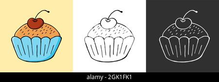 Symbolsatz. Cupcake, Muffin-Ikonen im Handzeichnen-Stil. Süßes Gebäck, niedliches, vielfarbiges Set. Muffin mit Kirschen. Symbol, Aufkleber, Stift Stock Vektor