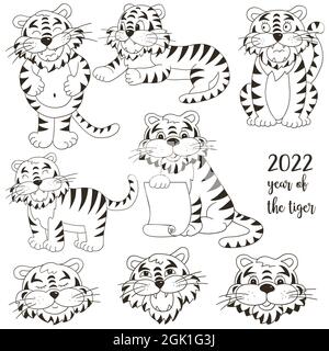 Symbol von 2022. Set von Tigern im Handzeichnen-Stil. Gesichter von Tigern. Neujahr 2022. Farbgebung Stock Vektor