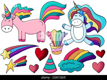 Set von Einhorn-Design-Elementen im Handzeichnen-Stil. Girly Fairy Kollektion. Einhorn, Horn, Regenbogen, Herz. Unicorn Cartoon-Stil. Schild, Aufkleber Stock Vektor