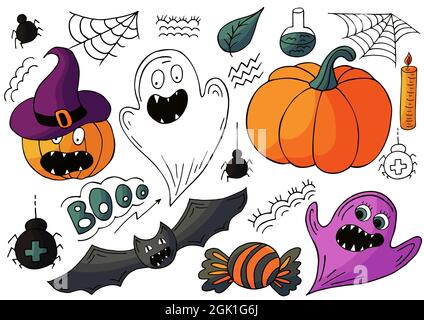 Set von Halloween Design-Elementen im Handzeichnen-Stil. Hexenbedarf, Kürbisse, Süßigkeiten. Halloween-Ikonen, Cartoon-Stil. Schild, Aufkleber Stock Vektor