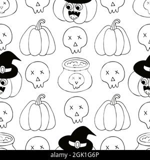 Nahtloses Muster für Halloween-Design. Vektorgrafik im Handzeichnen-Stil. Maldruck mit niedlichen Kürbissen in Hexenhüten und Totenköpfen Stock Vektor