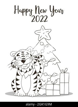 Symbol von 2022. Neujahrskarte im Handdraw-Stil. Weihnachtsbaum, Geschenke, Tiger. Neues Jahr 2022. Farbgebung Stock Vektor