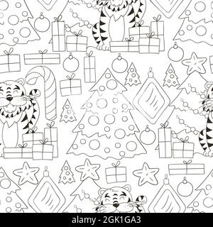 Nahtloses Vektor-Muster für das Jahr des Tigers 2022. Muster. Tiger, Weihnachtsbaum, Geschenke, Zuckerrohr. Kann für Stoff, Färbung, Verpackung pape verwendet werden Stock Vektor