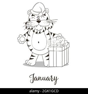 Jahr 2022 Symbol für Kalenderdekoration. Januar 2022. Neujahr des Tigers nach dem östlichen Kalender. Malvorlagen im Handzeichnen-Stil Stock Vektor