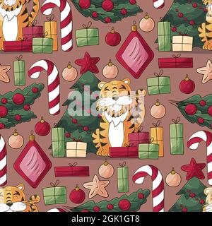 Nahtloses Pastellmuster für das Jahr des Tigers 2022. Muster. Tiger, Weihnachtsbaum, Geschenke, Zuckerrohr. Kann für Stoff, Verpackung, Textil und E verwendet werden Stock Vektor