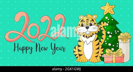 Symbol von 2022. Beschriftung 2022. Dunkle Vektor-Grußkarte mit einem Tiger in Hand zeichnen Stil. Neujahr. Helle Illustration für Karten, Kalender Stock Vektor