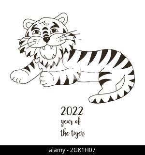 Symbol von 2022. Illustration mit Tiger im Handzeichnen-Stil. Neujahr 2022 Tiger lügen. Malkarten, Kalender, Poster, Flyer Stock Vektor