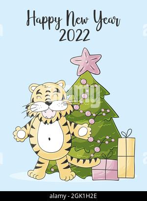 Symbol von 2022. Neujahrskarte im Handdraw-Stil. Weihnachtsbaum, Geschenke, Tiger. Neues Jahr 2022. Pastelldarstellung Stock Vektor