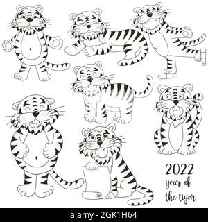 Symbol von 2022. Set von Tigern im Handzeichnen-Stil. Gesichter von Tigern. Neujahr 2022. Färbung niedlichen Vektor-Illustrationen für Ihr Design Stock Vektor