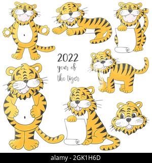 Symbol von 2022. Set von Tigern im Handzeichnen-Stil. Gesichter von Tigern. Neujahr 2022. Sammlung von pastellfarbenen Illustrationen Stock Vektor