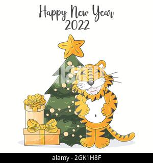 Symbol von 2022. Quadratische Neujahrskarte im Handdraw-Stil. Weihnachtsbaum, Geschenke, Tiger. Jahr des Tigers 2022. Pastelldarstellung Stock Vektor