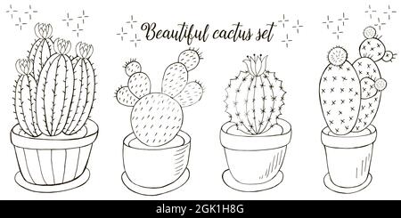 Farbdarstellung. Set von Cartoon-Bildern von Kakteen in Blumentöpfen. Kakteen, Aloe, Sukkulenten. Kollektion natürliche Elemente sind auf Weiß isoliert Stock Vektor