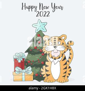 Symbol von 2022. Quadratische Neujahrskarte im Handdraw-Stil. Weihnachtsbaum, Geschenke, Tiger. Jahr des Tigers 2022. Pastell-Illustration für Karten, Kalender Stock Vektor