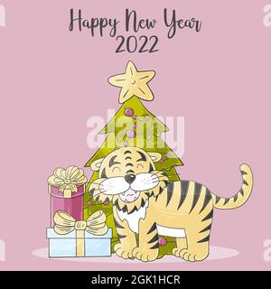 Symbol von 2022. Quadratische Neujahrskarte im Handdraw-Stil. Weihnachtsbaum, Geschenke, Tiger. Jahr des Tigers 2022. Helle Illustration für Karten, Kalender Stock Vektor