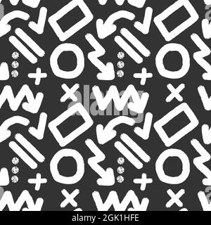 Weiße Markierungselemente, nahtlose Paternierung. Satz von Textmarker Simbols, Formen und Pfeile Vektorgrafik. Isoliert auf schwarzem Hintergrund Stock Vektor
