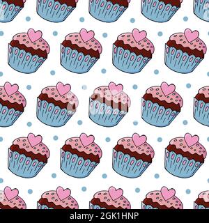 Nahtloses Muster mit süßem Gebäck. Vektorgrafik. Niedliche Muffins mit Herzen, Cupcakes. Hintergrund mit Punktmuster. Es kann für die Verpackung verwendet werden, wra Stock Vektor