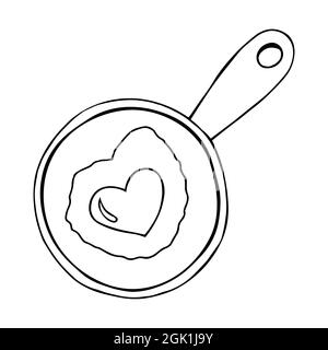 Bratpfanne mit Ei mit Doodle Illustration. Schwarzer Umriss Vektor Pfanne Spiegelei isoliert auf weißem Hintergrund. Stock Vektor