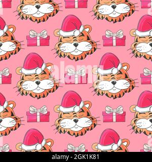 Nahtloses Vektor-Muster mit Tigerköpfen in Silvester-Hüten, Geschenken. Helles Muster. Jahr des Tigers 2022. Kann für Stoff, Verpackung, Wrappi verwendet werden Stock Vektor