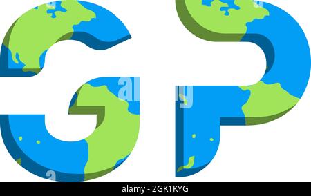 Ursprüngliches GP-Logo mit World Map-Stil, Logo-Business-Branding. Stock Vektor