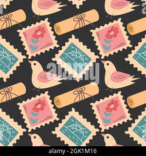 Poststempel und Post nahtlose bunte Vektor-Illustration isoliert auf schwarz. Postsendungen endloser Druck Stock Vektor