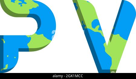 Anfängliches PV-Logo-Design mit World Map-Stil, Logo-Business-Branding. Stock Vektor