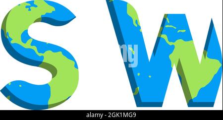 Anfängliches SW-Logo-Design mit World Map-Stil, Logo-Business-Branding. Stock Vektor