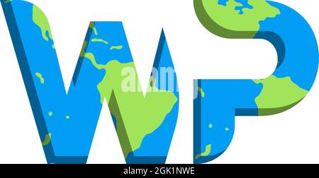 Ursprüngliches WP-Logo mit World Map-Stil, Logo-Business-Branding. Stock Vektor