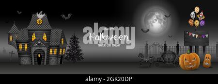 Halloween-Banner mit Haunted House, Kürbissen und Party-Ballons Stock Vektor