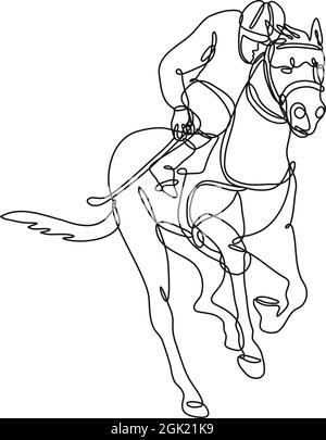 Kontinuierliche Linienzeichnung Illustration eines Jockeys und Pferderennens Vorderansicht im Kreis in Mono-Linie oder Doodle-Stil in schwarz und weiß auf iso gemacht Stock Vektor