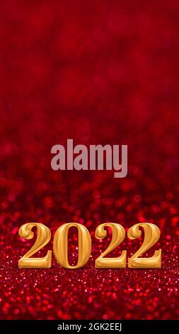 Glückliches neues Jahr 2022 Jahre Zahl (3d-Rendering) bei funkelndem Gold und rotem Glitter Studio Hintergrund, Holiday Grußkarte.Copy Platz für Inhalt hinzufügen Stockfoto