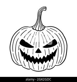 Gruseliger Halloween Kürbis auf weißem Hintergrund isoliert. Gruselige und beängstigende Figur. Handgezeichnete Vektorgrafik im Doodle-Stil. Perfekt für Karten, Stock Vektor