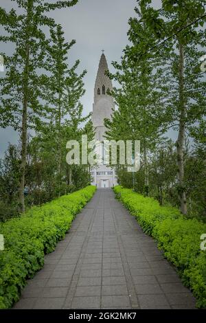 Hallgrimskirkja, eine luteranische Kirche mitten in Reykjavik, der Hauptstadt Islands, von hinten gesehen an einem bewölkten Sommertag. Stockfoto