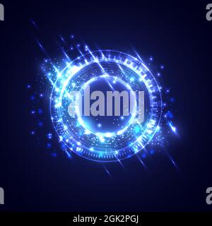 Digitale Partikel der Infografik. Futuristischer, leuchtender Sci-Fi-HUD-Rahmen. Data Engineering. Abstraktes Hologramm Hi-Tech Hintergrund. Virtual-Reality-Holograp Stock Vektor