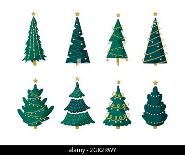 Set von weihnachtsbaum mit Girlanden und Kugeln. Designelemente für die Wintersaison. Symbole für das neue Jahr. Vektor-Illustration im flachen Cartoon-Stil Stock Vektor