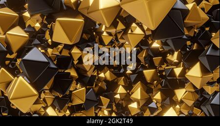 Goldene und schwarze geometrische Formen, Oktaeder. Für Logo- und Titelplatzierung, Veranstaltung, Konzert, Präsentation, Website. Abstrakter 4K-Hintergrund Stockfoto