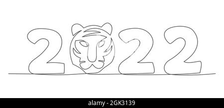 Neujahr eine Linie Zeichnung Weihnachtsillustration mit Tiger in Linie Stil auf weißem Hintergrund Stock Vektor