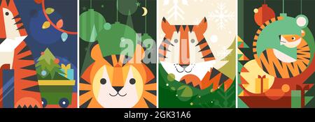 Verschiedene Plakate zum Jahr des Tigers. Postkarten-Designs im flachen Stil. Stock Vektor