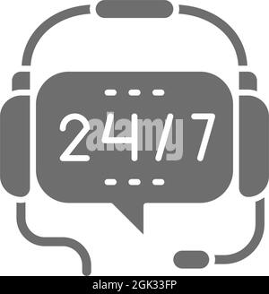 Kopfhörer mit Mikrofon, rund-um-die-Uhr-Service, graues Non-Stop-Support-Symbol. Stock Vektor
