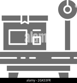 Box auf Waagen, graues Verpackungswägesymbol. Stock Vektor