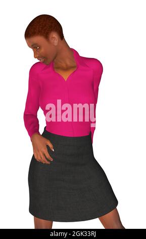 Digitale gerenderte schwarze Frau trägt rosa Bluse und dunklen Rock, 3d-Illustration. Stockfoto