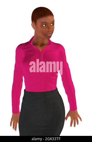 Digitale gerenderte schwarze Frau trägt rosa Bluse und dunklen Rock, 3d-Illustration. Stockfoto