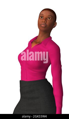 Digitale gerenderte schwarze Frau trägt rosa Bluse und dunklen Rock, 3d-Illustration. Stockfoto